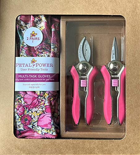 Ladies Mini Pruner Secateurs & Ladies Gardening Gloves (2 Pairs) Set - Bypass & Snipper Pruners – Lightweight Garden Gloves - Best Garden Gift for Women (Medium Glove, Pink/Rose Garden Floral)