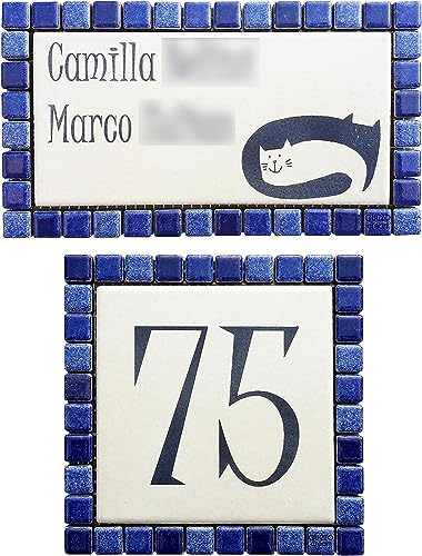GUIZZO Creart - Targa Personalizzata Nomi in Ceramica 17x9.5H cm + Numero Civico Esterno 12x12H cm, Set Targhetta Personalizzata Cornice Mosaico + Numeri Civici Esterni, Targhetta Porta Ingresso Blu
