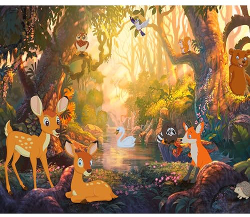 decomonkey - Papier Peint Panoramique Enfants Foret Animaux 200x140 cm - Décoration murale - Pour enfants jungle cygnes forêt oiseaux hibou animaux enfant d'âge préscolaire