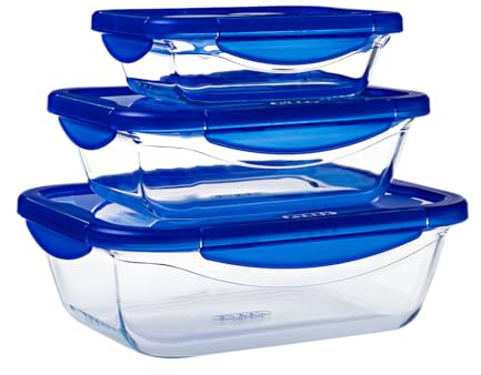 Pyrex Cook & Go - Lot de 3 LunchBox Rectangulaires - 0.8L, 1.9L, 3.5L - Verre Borosilicate - Compatible four, micro-ondes et lave-vaisselle - Made in France
