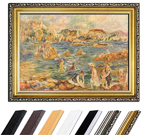 Bild mit Rahmen - Pierre-Auguste Renoir Am Strand von Guernesey 90x70 cm - Gerahmtes Leinwandbild Alte Meister - Antiker Rahmen Gold Barock, Klassisch