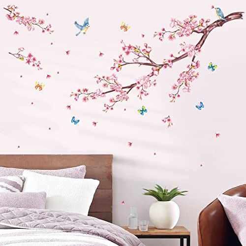decalmile Cherry Blossom Flower Wall Decals Floral Tree Branch Wall Stickers Bedroom Living Room TV Wall Art Decor