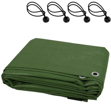 Waterproof Tarpaulin with 4 Ball Bungees - 4 x 6 m Green PE Tarp Cover for Garden, Wood, Camping, Groundsheet, Construction - 90 GSM UV Resistant, Tear-Proof, Mould-Proof, Rope-Reinforced Edges