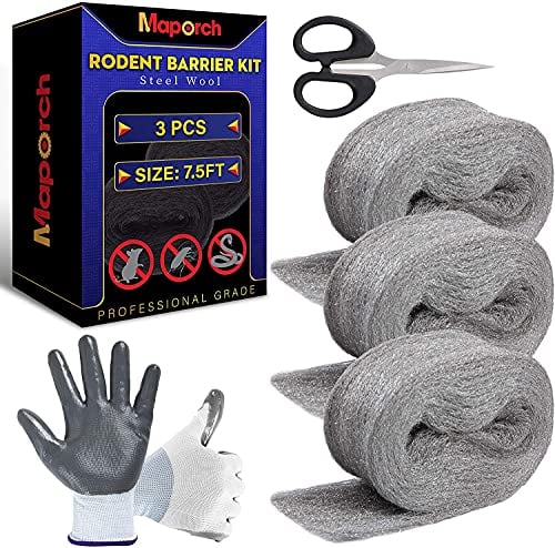 MAPORCH 3 Rollen Stahlwolle 2.29 meters x 8 cm feinste Stahlwolle gegen Mäuse & Schnecken, Reinigung und Polieren - Löcher Füller Wände, Fenster, Rattenschutz DIY-Set mit Arbeitshandschuhen und Schere