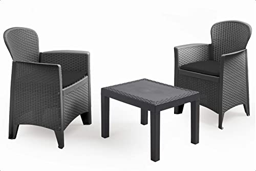 idooka Plastic Garden Table and Chairs Tea for 2 Bistro Set Rattan Wicker Effect, Anthracite Grey Side Coffee Table and Chairs Set, Perfect for Patio, Balcony and Conservatory, 2 Seater, 3 Piece