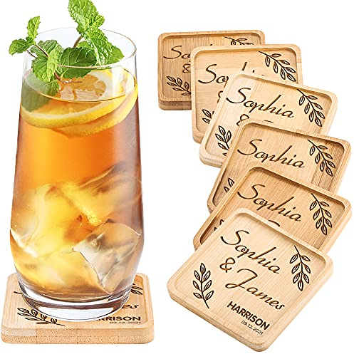 Lot de dessous de verre amusants personnalisés pour boissons, sous-verres en bois de bambou gravés au laser avec monogramme, décorations de table pour salle à manger, cadeau de pendaison de