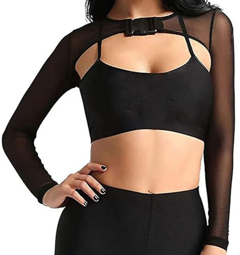 FeMereina Rave Tops for Women Sheer Mesh Long Sleeve Crop Top See Through Cover Ups with Buckle (A-Black, XL)