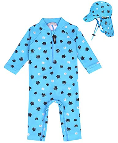 weVSwe Maillot De Bain Bébé UPF 50+ One Pieces Protection UV Rash Guard avec Chapeau De Soleil Crabe Bleu 18-24 Mois
