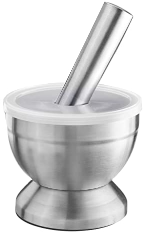 Westmark Mortier avec couvercle, diamètre : 10 cm, poids : 0,8 kg, avec pilon, acier inoxydable/plastique, acier inoxydable, argent/transparent, 69582260
