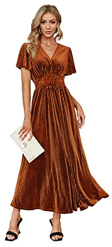 Simplee - Maxi Abito da Donna in Velluto, con Scollo a V, a Maniche Corte, Stile Impero, Lungo, Formale, per Ospiti di Nozze, 4#Arancione terroso, L