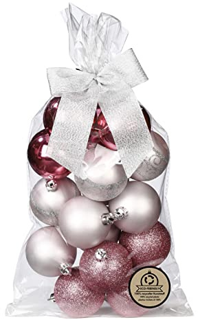 Inge-glas Weihnachtskugeln Kunststoff 6cm x 16 Stück Set mit Motiv Glitzer Christbaumkugeln Rosa Mix