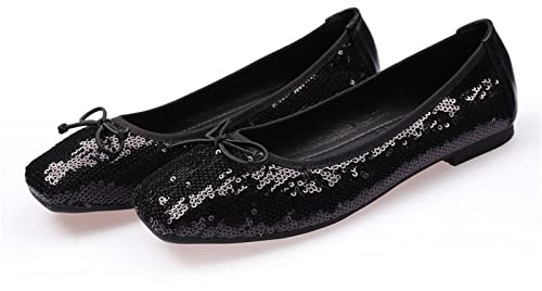 MACHSWON Damen Ballerina flache Pumps mit quadratischem Zehenbereich, glitzernde Pailletten, zum Reinschlüpfen, elegante flache Pumps, Schwarz , 39 EU