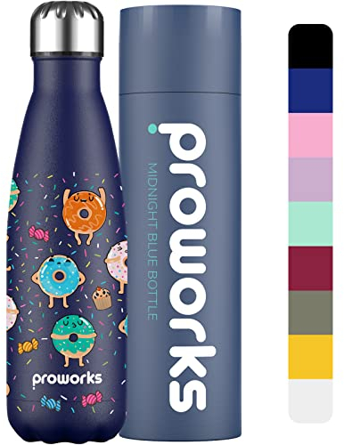 PROWORKS Bottiglia Acqua in Acciaio Inox, Vuoto Isolato Borraccia Termica in Metallo, Bevande Calde per 12 Ore & Fredde 24 Ore, Borraccia per Sport e Palestra 1 Litre - Blu Notte - Ciambella Cosparsa