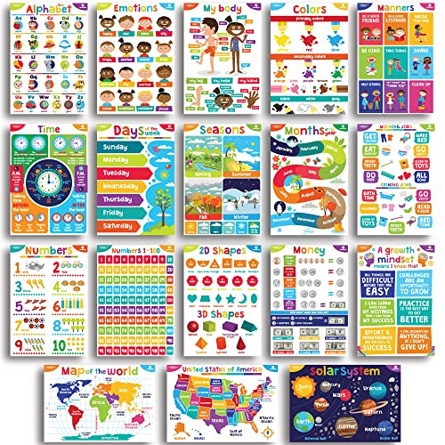 Sproutbrite 18 pädagogische Poster für Kleinkinder – Klassenzimmer-Dekorationen – Kindergarten Heimschule Supplies Materialien – Vorschule Lerndekor – ABC Poster Charts for Distance Learning (hell)