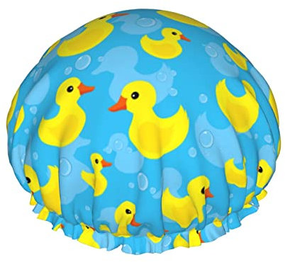 Rubber Duck Shower Cap for Women Reusable DoubleWaterproof Shower Hair Protector PEVA Lined Shower Hat for All Long Hair Lengths, Stretchy Adjustable Shower Caps