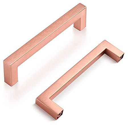Probrico Schrankriffe 128mm Lochabstand, Griffe für Küchenschränke, Roségold Möbelgriffe, Griffmöbel Edelstahl, Quadratische Küchengriffe, Schubladengriffe Kupfer, Türgreife Küche 5-Stück
