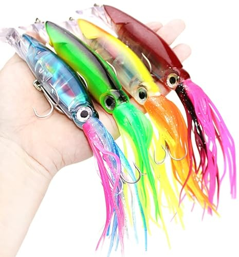 OriGlam 4 Stück Simulation Squid Fishing Köder, Köder, Octopus, Swimbait Swimbait Hard Lures, künstliche Köder, Squid Octopus Röcke, Angelköder in Salzwasser