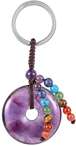 Nupuyai Donut Edelstein Schlüsselanhänger Chakra Perlen Heilstein Amulett | Kristall Schlüsselanhänger mit 7 Chakra Steinen, Heilstein Glücksbringer, runder Stein Anhänger für Auto Tasche