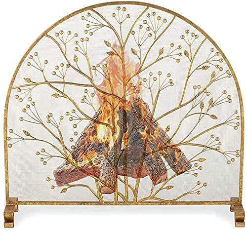 Funkenschutz, messingfarbenes Metall, freistehender Kaminschutz/Flachpaneel-Feuerschutz/Funkenschutz – Dekorzweig-Design, 90 cm hoch Present