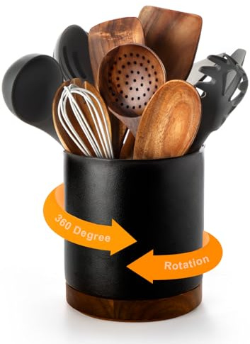 Nucookery 360° drehbarer Utensilienhalter, 18,3 cm, Küchenutensilien-Topf, Keramik-Kochutensilien-Organizer mit Arbeitsplattenschutz, Korkboden für Bauernhaus, Küche, Dekoration, Weihnachten