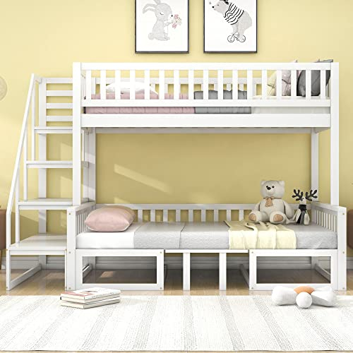 HYUB Kinderbett Etagenbett 90 x 200cm&120 x 200cm mit Rausfallschutz und Lattenrost, Vielseitiges Hochbett mit Holzsofa und Klapptisch für Kinder und Jugendliche, Weiß