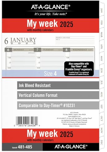 AT-A-GLANCE Nachfüllpackung für 2025, wöchentlich und monatlich, 14 x 21 cm, Schreibtischgröße, Spalten-Stil, lose Blätter (481-485-25)