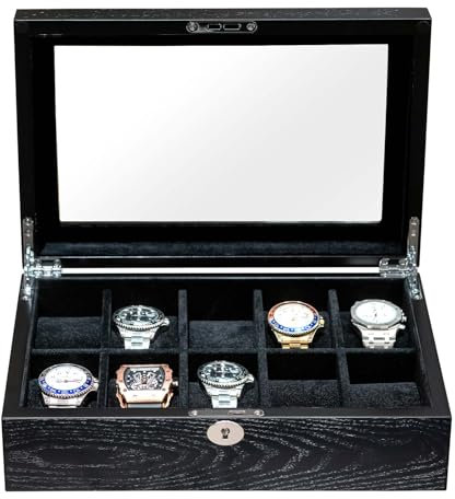 SYENS Uhrenbox für Herren, 10 Uhren, Organizer, Smartwatch-Display, schwarzes Holz mit weichem Wildleder innen, großes Glasfenster, Geschenk für Damen und Herren