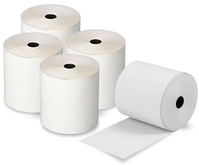 Lot de 5 rouleaux de papier thermique 80 x 80 cm pour caisse enregistreuse, point de vente, machine à cartes de crédit avec bande d'avertissement rouge