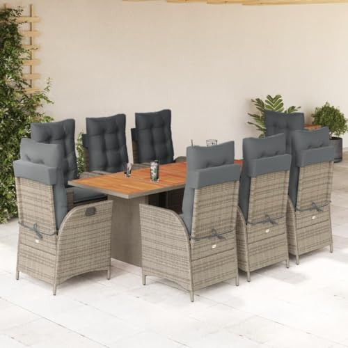 Homgoday 9-TLG. Garten-Essgruppe mit Kissen Sitzgruppe Gartenmöbel Set Balkonmöbel Sitzgarnitur Gartentisch mit Stuhl Gartenstühle Gartenset Gartengarnitur Grau Poly Rattan