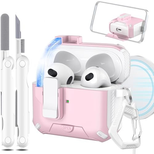 MHYALUDO Funda para AirPods 3rd Gen Case Cover, Compatible con Magsafe, Cierre Auto magnético, Puerto de Carga a Prueba de Polvo y diseño de Soporte con Kit de Limpieza, Blanco Nieve/Rosa Femenino