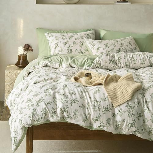 Sedefen Blumen Bettwäsche 135x200cm Weiß Grün Blätter Pflanzen Wende Bettwäsche Set 2Teilig Bunt Blumenmuster Bettwaren-Sets Microfaser Mädchen Bettbezug mit Reißverschluss und Kissenbezug 80x80cm
