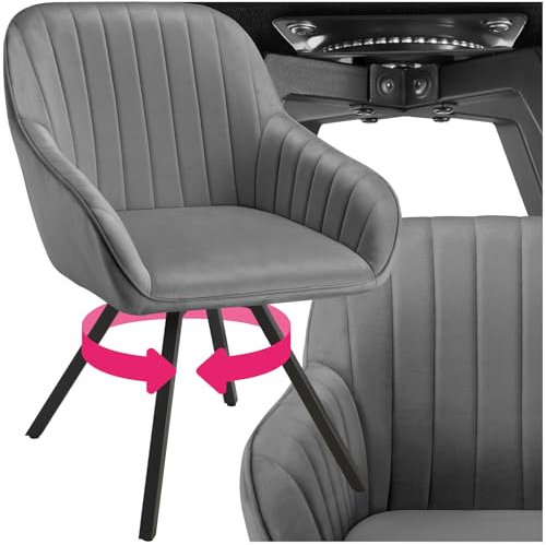 tectake® drehbare Esszimmerstühle mit Armlehne, Schalenstuhl ergonomisch mit Samt Bezug, gesteppt, Stühle drehbar für Wohnzimmer, Esstisch, Arbeitszimmer, Schminktisch, Küchenstühle - 1er Set, grau