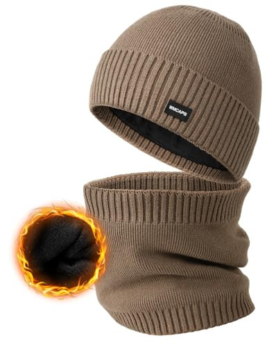 Wmcaps Winter Fleece Gefütterte Mütze und Halswärmer Set für Männer Frauen, Dicke Weiche Gemütliche Strickmützen Schal Set, Elastische Cuffed Plain Wintermütze Outdoor Aktivitäten Geschenk, Khaki