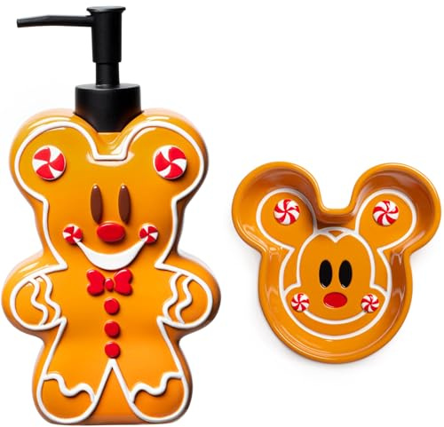 Jay Franco Disney Mickey Mouse Lebkuchen-Badezimmer-Set – 2-teilige Kollektion mit Lotionpumpe und Seifenschale – Weihnachts- und Urlaubs-Badezimmerzubehör