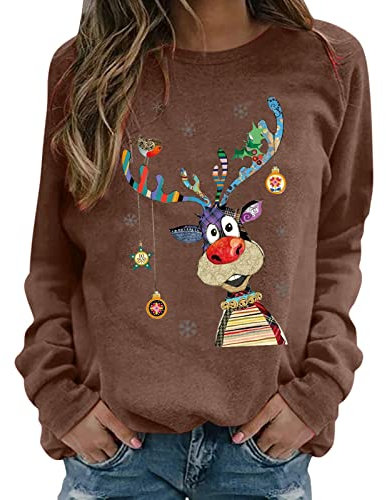 Damen Outfit Weihnachtsfeier Rudolph Rentier Elfe Jumper mit Weihnachtsmotiv Langarmshirt Hässliche Tunika Langärmlige Sweater Langarm Oberteil Sweatshirt Damen Weihnachtspullover Damen