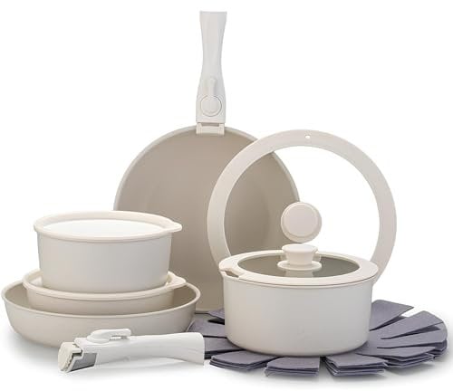 YJKKZQLB White, 15Pcs Pots and Pans Set, Nonstick Kitchen Cookware Set with Removable Handle, Stackable Healthy Non Stick Cookware Set, Oven Safe & PFOA Free