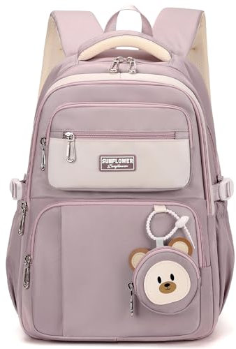 Amythe Zaino Scuola per Ragazze delle Elementari, Zainetto di 40 Litri per Scuola Media, Zaino Casual per Bambini con Grazioso Portamonete, Zaino Bambina Leggero a Doppia Spalla, Viola
