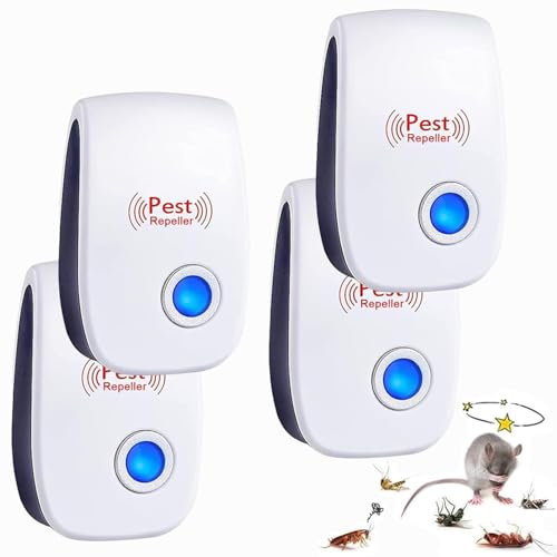 Ultrason Souris et Rats, 4 Pack Repulsif Souris Ultrason Anti Rongeur, Intérieur Anti Moustique Ultrason pour Anti Souris, Rat, Rongeur, Araignée, Moustique, Cafard