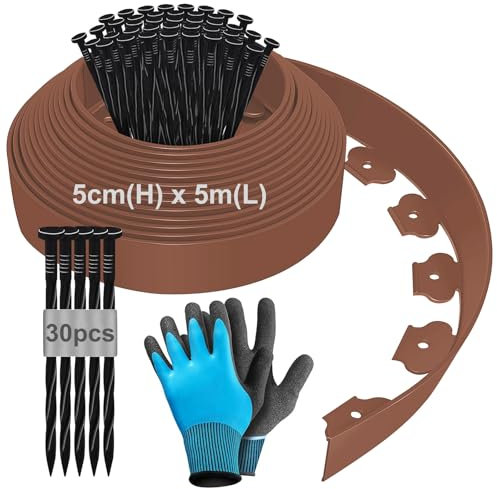 5m Flexible Rasenkante aus Kunststoff, 5cm Hoch Beeteinfassung Beetumrandung Kunststoff, Rasenkanten Beetbegrenzung Mähkante Pflastersteine Palisade mit 30 Erdanker und 1Paar Handschuhe - Braun 5m