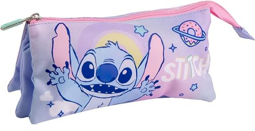 Stitch Federmäppchen mit 3 Fächern, Dreifach-Schulmäppchen mit Stitch-Design, Reißverschluss und erweitertem Platz für die Organisation von Stiften, Kugelschreibern und täglichen Schulbedarf, Stitch