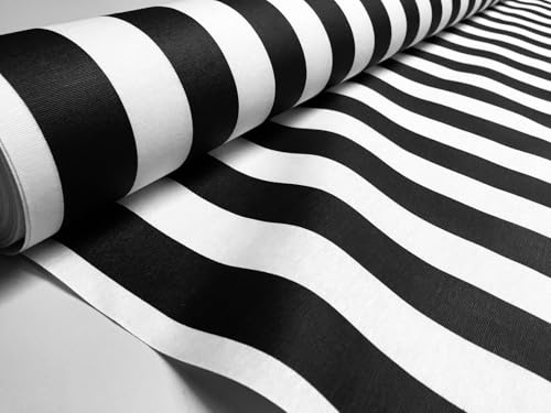 Sofia Stripe Teflon-Coated Outdoor & Indoor Canvas Fabric – Water Resistant, 43mm Stripes – 140cm Wide Material for Cushions, Deck Chairs, Tablecloths, Gazebos, Crafts (Black & White, 1 Metre)