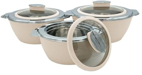 Eason Bros Insulated Casserole Dish Set with Glass Lid, 3Pcs Swiss Coffee Inner Stainless Steel Serving Dish with Lid & Handle Thermal Food Container Elegant Hot Pot Food Warmer Gift Set (1L,1.5L,2L)