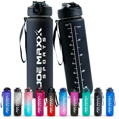 Joe Maxx Sports Athletica Gourde de sport, 1000 ml, sans BPA, anti-fuite, avec graduation et marqueur de temps, avec bouchon à une main, idéale pour le fitness, l'extérieur, le bureau, noire