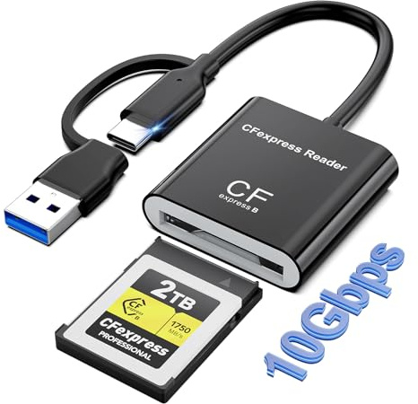 Lector de Tarjetas CFexpress Tipo B con USB 3.2 (Gen 2) 10 Gbps, USB-C y USB-A 2-en-1 Adaptador CFexpress Tipo B Lector de Tarjeta CFe Tipo B Compatible con Windows/Mac/Linux/Android