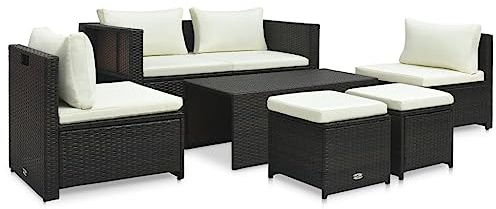 JHQHSM 6-TLG. Garten-Lounge-Set Poly Rattan Braun mit Auflagen, Stapelbare Sitzgruppe mit Stauraum, Wetterbeständige Terrassenmöbel
