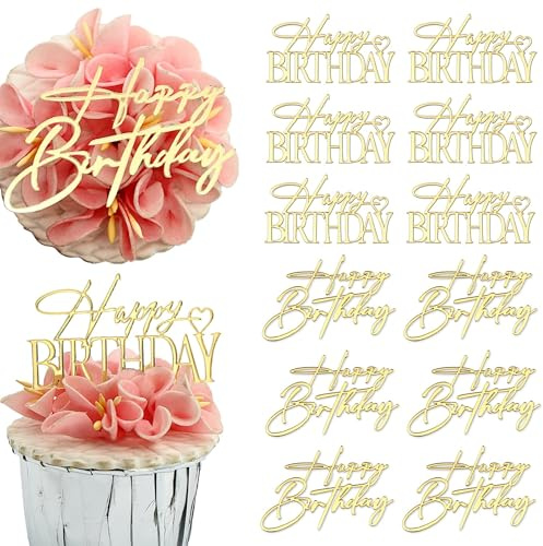 12 Pieces Mini Size Happy Birthday Cake Toppers, Gold Mirror Acrylic, 2 Styles, Cupcake Decorations Party Supplier