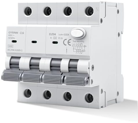 Jadeshay Fehlerstromschutzschalter Typ A Fi Schutzschalter 16A 30MA 3P+N Fi Schalter RCBO 6KA MCB Leitungsschutzschalter AC 400V mit Fehlerstromschutz, Überlast- und Kurzschlussschutz