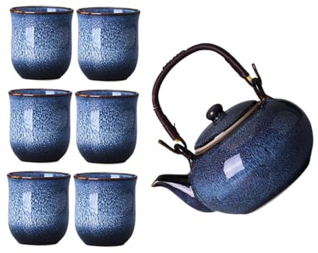 NIYANGLE Service à Thé Gongfu Chinois en Céramique Bleue avec Théière 800ml et 6 Tasses 130ml, Glaçure Unique et Poignées Pratiques pour Cérémonie de Thé en Famille
