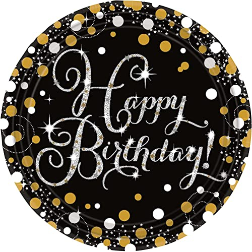 Amscan- Lot de 8 Assiettes en Carton prismatiques dorées pailletées « Happy Birthday » -23 cm, 9900548
