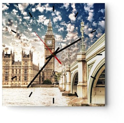 Modern Wanduhr London Architektur Big Ben 40x40cm Quadrat Groß Wand Uhr Glas Analog Zimmeruhren Küche Büro Wohnzimmer Glasuhr Wall Clock Dekoration Design Wanddekoration Küchenuhr C3AC40x40-2415